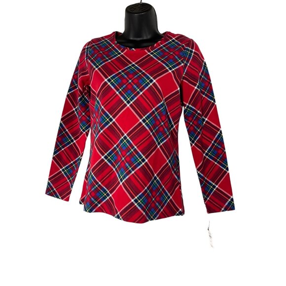 Talbots Tee Long Sleeve Red Plaid Print Cotton Blend TShirt Women’s Petite P - Picture 3 of 7